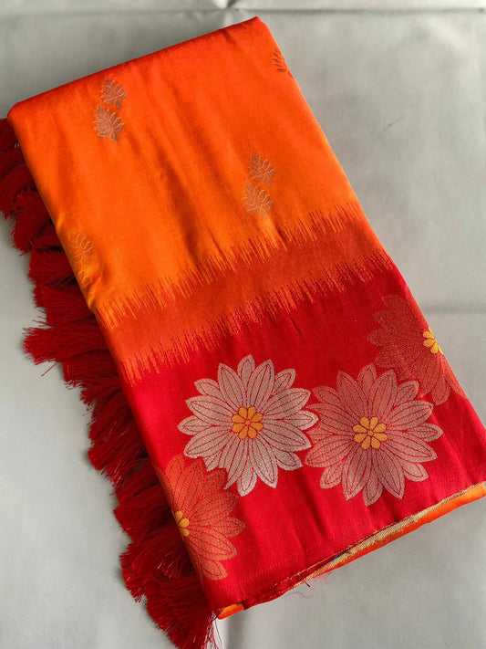 Beautiful Floral Zari Weaving Border Orange Color Silk Saree
