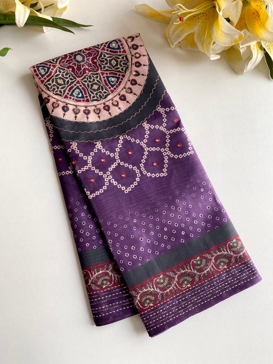 Captivating Bandhani Print With Work Purple Color Saree