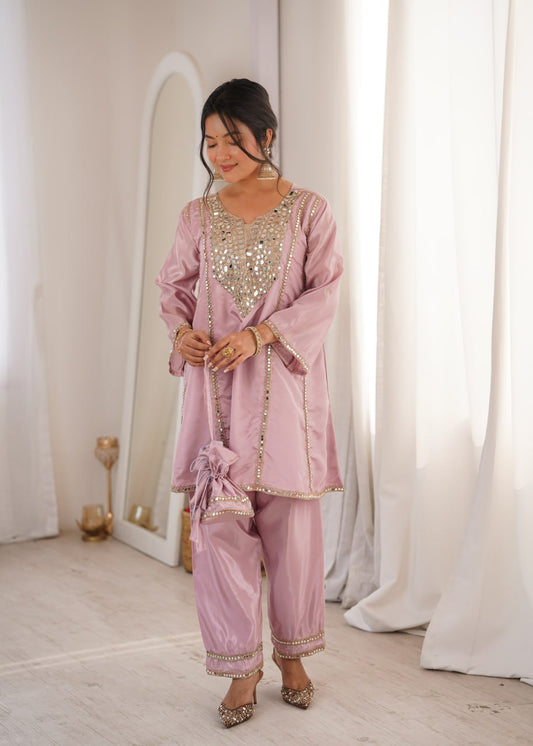 Innovative Pink Mirror Embroidery Kurti Set