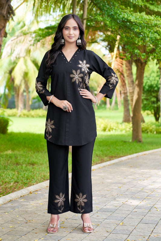 Amazing Black Heavy Rayon Multi Embroidery Co-Ords Set