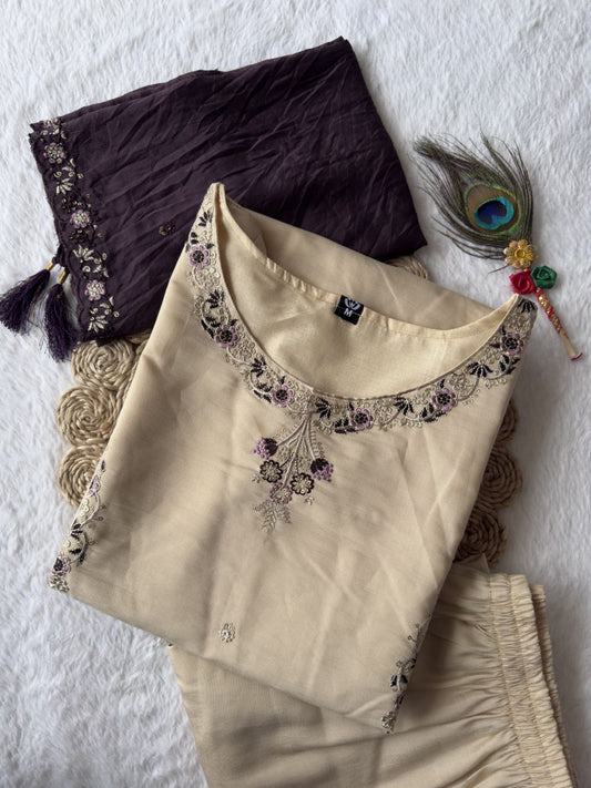 Exclusive Beige Premium Silk Embroidery Work Kurti Set