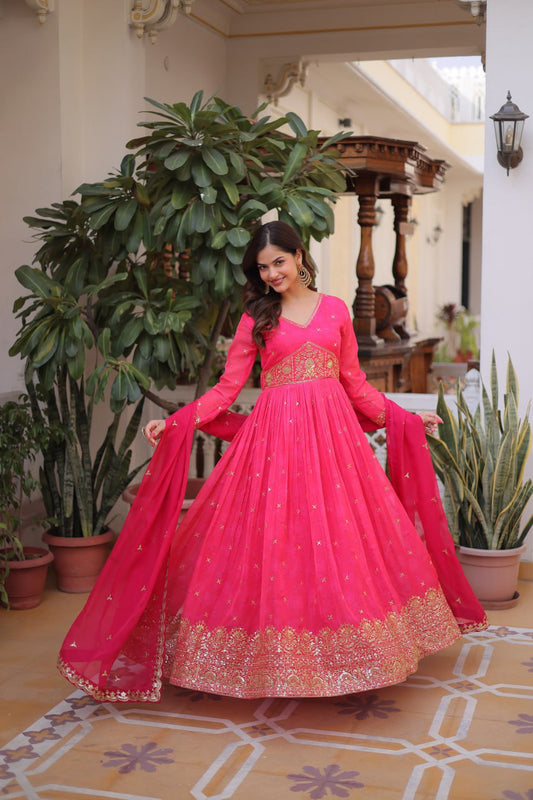 Amazing Pink Russian Silk Embroidery Work Anarkali Suit