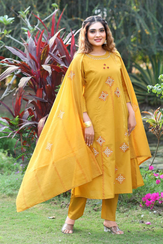 Mustard Cotton with Mirror Hand Work Kurti Set