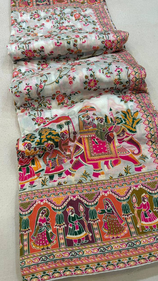 Stunning White Rajwadi Silk with Kashmiri Thread Work Saree