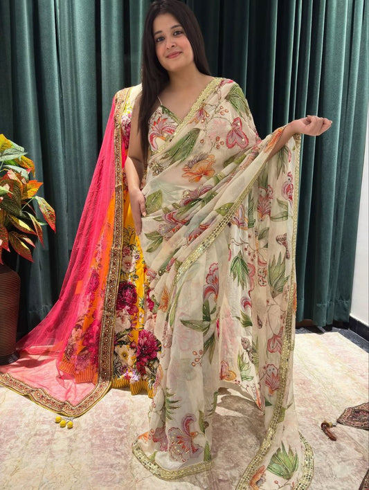 Mesmerizing Cream Silk Print Work Saree