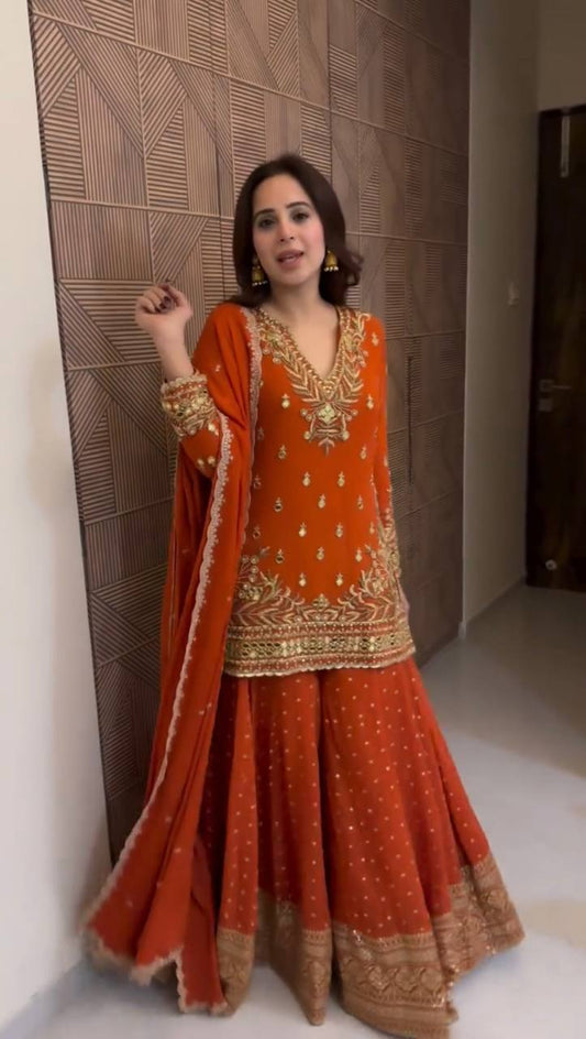 Orange Heavy GeorgetteThread Work Sharara Suit