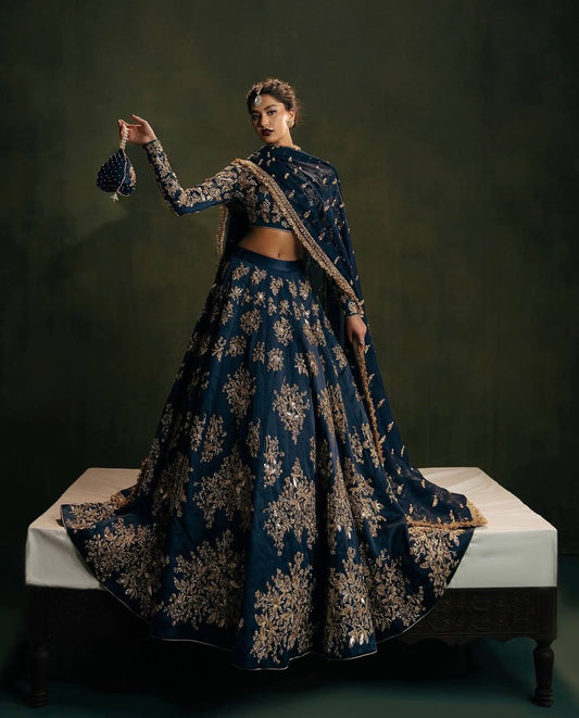 Wedding Navy Blue Polo Silk Zari Work Lehenga Choli