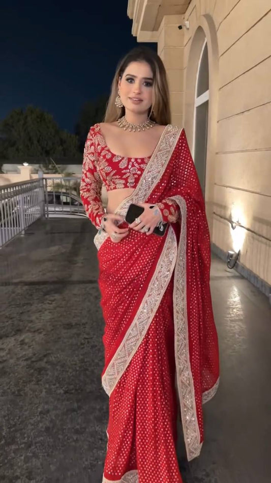 Fabulous Red Faux Blooming with Coding Saree
