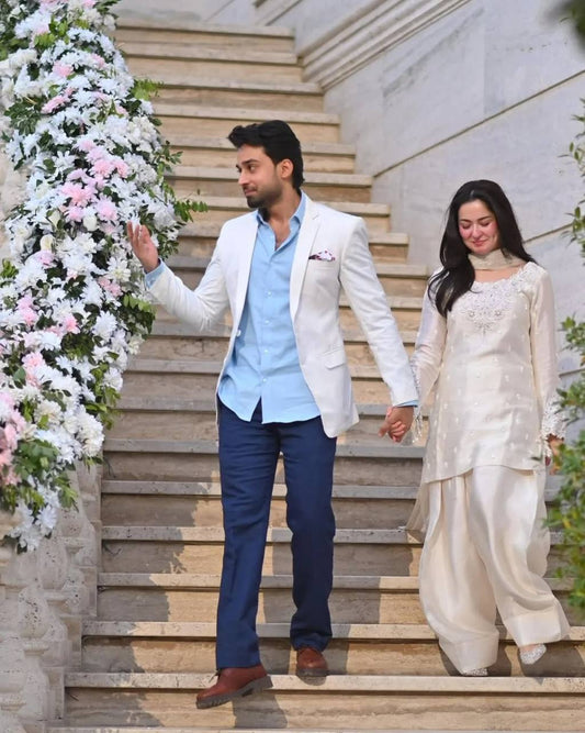 Amazing White Natural Crep Thread with Sequence Work Sharara Suit