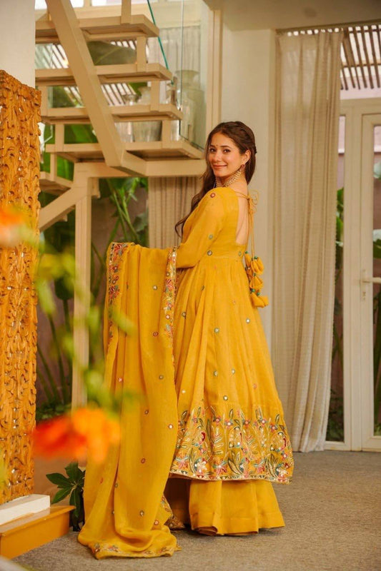 Lovely Yellow Crunchy Silk with Thread & Sequence Work Anarkali