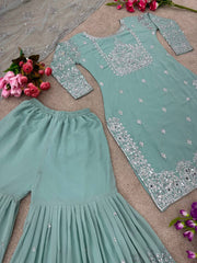 Shining Work Pista Green Color Sharara Suit Shining Work Pista Green Color Sharara Suit