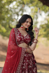 Weeding Wear Maroon Color Jacquard Embroidered Sequins Work Lehenga Choli Weeding Wear Maroon Color Jacquard Embroidered Sequins Work Lehenga Choli