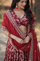 Weeding Wear Maroon Color Jacquard Embroidered Sequins Work Lehenga Choli Weeding Wear Maroon Color Jacquard Embroidered Sequins Work Lehenga Choli