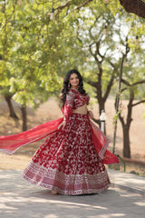Weeding Wear Maroon Color Jacquard Embroidered Sequins Work Lehenga Choli Weeding Wear Maroon Color Jacquard Embroidered Sequins Work Lehenga Choli