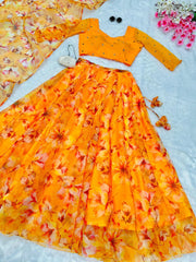 Organza Digital Printed Flower Print Yellow Lehenga Choli Organza Digital Printed Flower Print Yellow Lehenga Choli