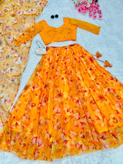 Organza Digital Printed Flower Print Yellow Lehenga Choli Organza Digital Printed Flower Print Yellow Lehenga Choli