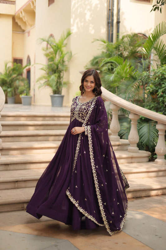 Fantastic Wine Color Sequencce Work Gown With Dupatta