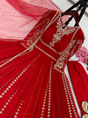 Fashionable Georgette Red Color Embroidery Work Anarkali Gown Fashionable Georgette Red Color Embroidery Work Anarkali Gown