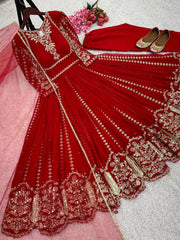Fashionable Georgette Red Color Embroidery Work Anarkali Gown Fashionable Georgette Red Color Embroidery Work Anarkali Gown