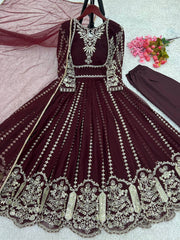 Fashionable Georgette Maroon Color Embroidery Work Anarkali Gown Fashionable Georgette Maroon Color Embroidery Work Anarkali Gown