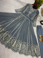 Fashionable Georgette Grey Color Embroidery Work Anarkali Gown Fashionable Georgette Grey Color Embroidery Work Anarkali Gown