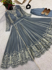 Fashionable Georgette Grey Color Embroidery Work Anarkali Gown Fashionable Georgette Grey Color Embroidery Work Anarkali Gown