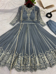 Fashionable Georgette Grey Color Embroidery Work Anarkali Gown Fashionable Georgette Grey Color Embroidery Work Anarkali Gown