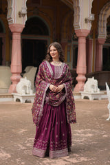 Fantastic Chinon Wine Color Embroidered Work Gown With Dupatta Fantastic Chinon Wine Color Embroidered Work Gown With Dupatta