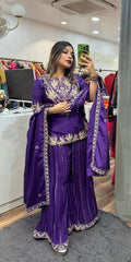Demanding Chinnon Silk Sequence Work Purple Color Sharara Suit Demanding Chinnon Silk Sequence Work Purple Color Sharara Suit