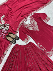Demanding Chinnon Silk Sequence Work Red Color Sharara Suit Demanding Chinnon Silk Sequence Work Red Color Sharara Suit