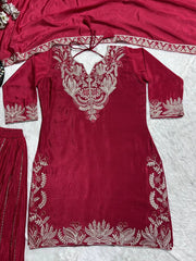 Demanding Chinnon Silk Sequence Work Red Color Sharara Suit Demanding Chinnon Silk Sequence Work Red Color Sharara Suit