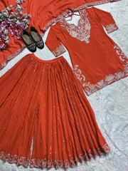 Demanding Chinnon Silk Sequence Work Orange Color Sharara Suit Demanding Chinnon Silk Sequence Work Orange Color Sharara Suit