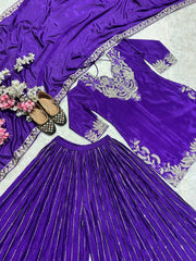 Demanding Chinnon Silk Sequence Work Purple Color Sharara Suit Demanding Chinnon Silk Sequence Work Purple Color Sharara Suit