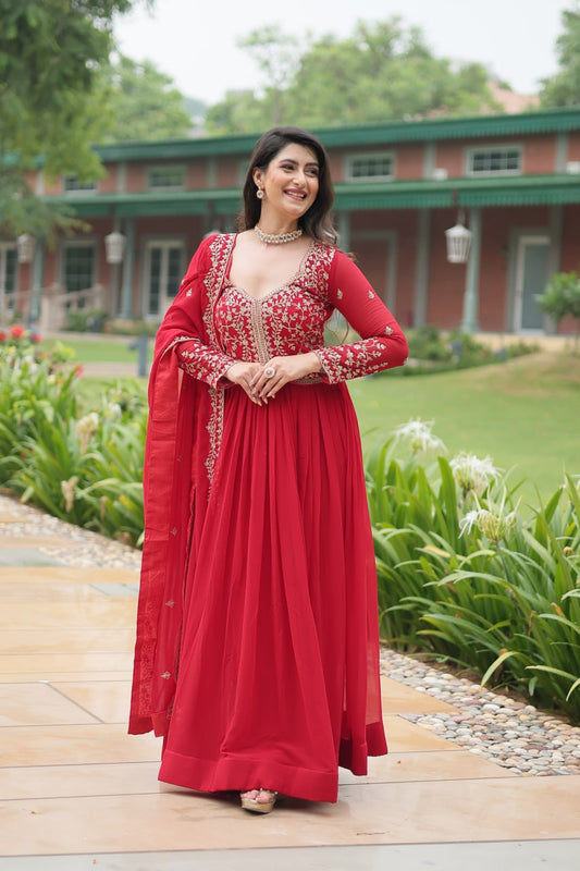 Wedding Wear Embroidered Heavy Work Red Color Gown With Dupatta