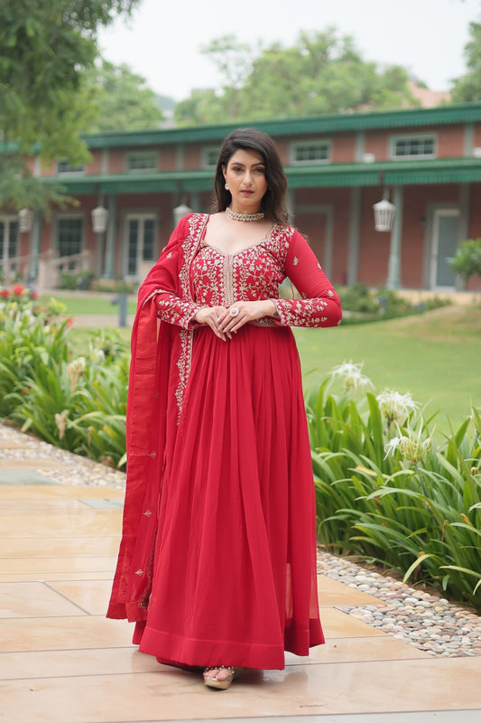 Wedding Wear Embroidered Heavy Work Red Color Gown With Dupatta