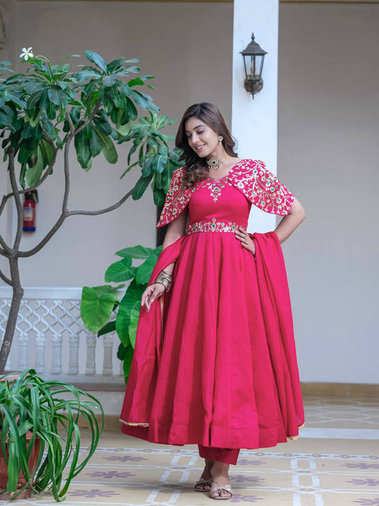 Designer Vichitra Silk Red Color Anarkali Gown