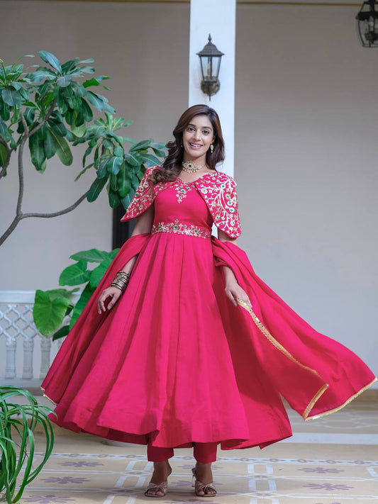 Designer Vichitra Silk Red Color Anarkali Gown