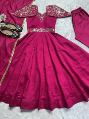 Designer Vichitra Silk Red Color Anarkali Gown Designer Vichitra Silk Red Color Anarkali Gown