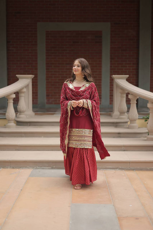 Stylish Georgette Maroon Color Embroidery Work Sharara Suit