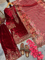 Preferable Velvet Red Color Sequence Work Suit Preferable Velvet Red Color Sequence Work Suit