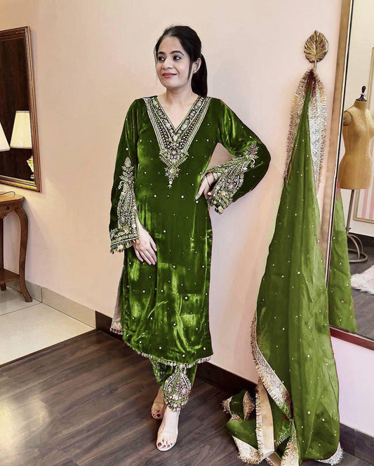 Delightful Velvet Sequence Work Green Color Palazzo Suit