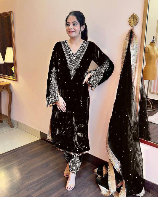 Delightful Velvet Sequence Work Black Color Palazzo Suit