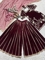 Classy Velvet Embroidery Work Maroon Color Sharara Suit Classy Velvet Embroidery Work Maroon Color Sharara Suit