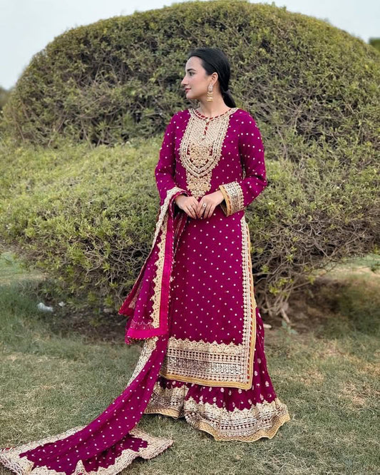 Awesome Embroidery Sequence Work Pink Color Sharara Suit