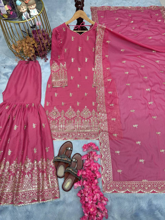 Beautiful Georgette Pink Color Sequence Work Sharara Suit