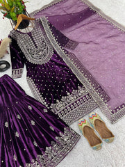 Fantastic Velvet Sequence Work Purple Color Top With Plazzo Suit Fantastic Velvet Sequence Work Purple Color Top With Plazzo Suit