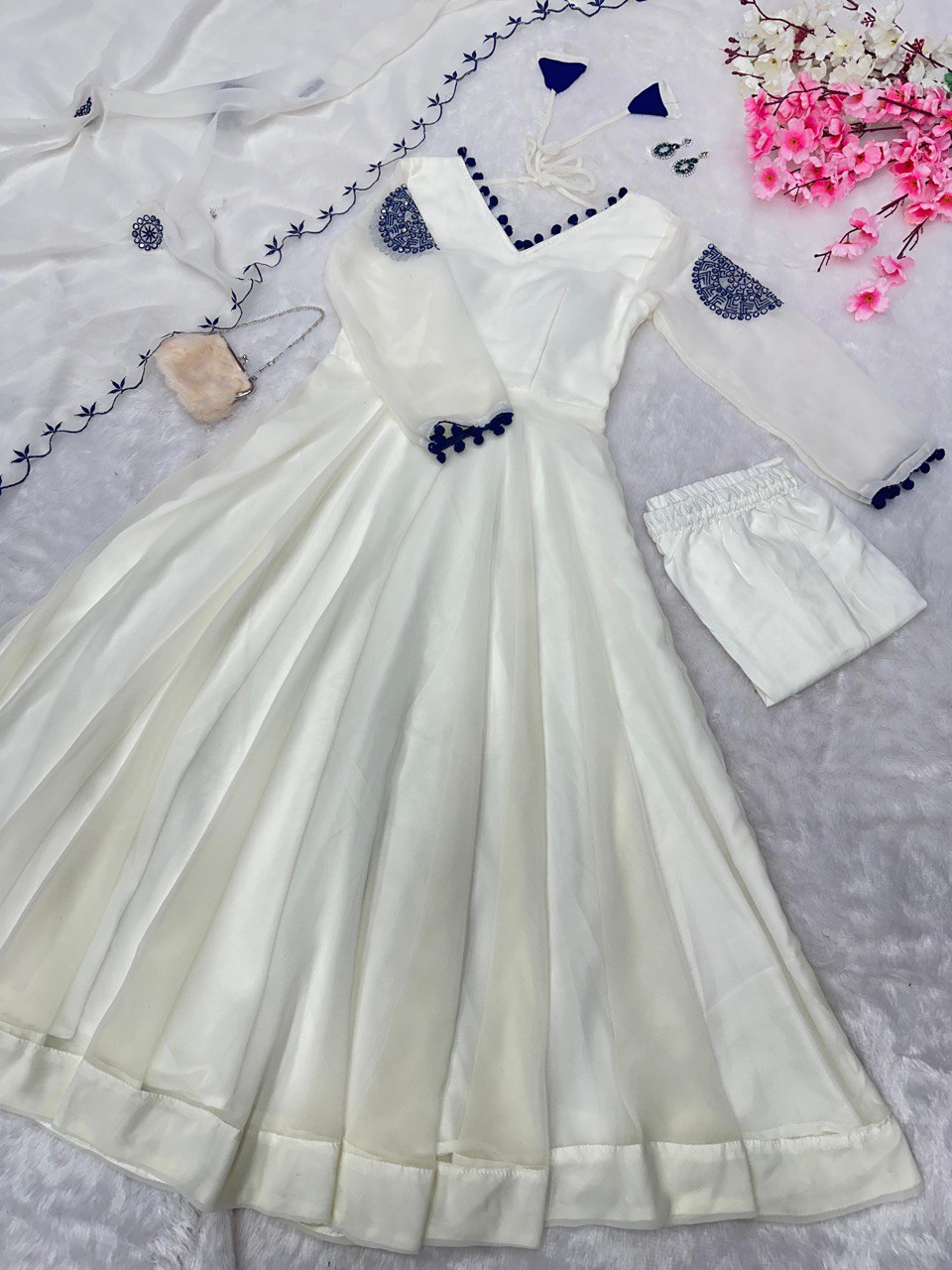 Precious Georgette Mirror Work White Color Anarkali Gown