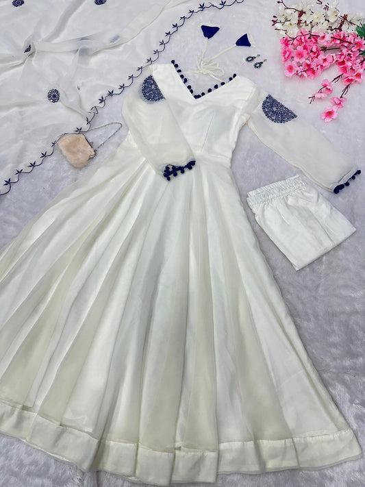 Precious Georgette Mirror Work White Color Anarkali Gown
