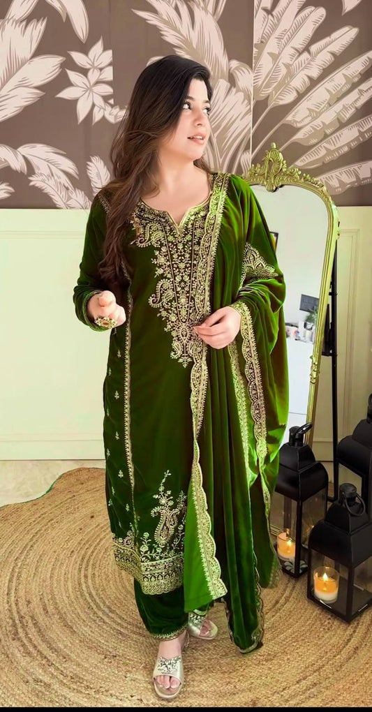 Ceremony Wear Green Color Velvet Embroidery Work Suit