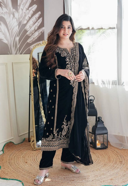 Ceremony Wear Black Color Velvet Embroidery Work Suit